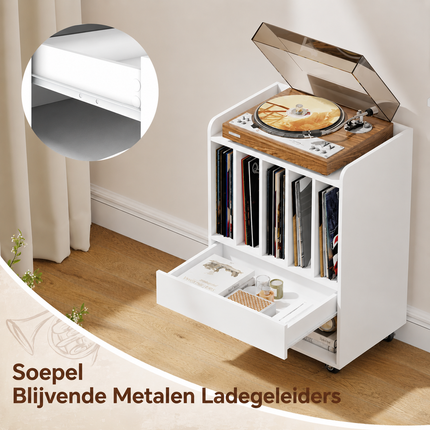 Vinyl Platenkast Wit met Wielen – Platenspeler Meubel met 5 Opbergvakken, Lade en Opbergplank