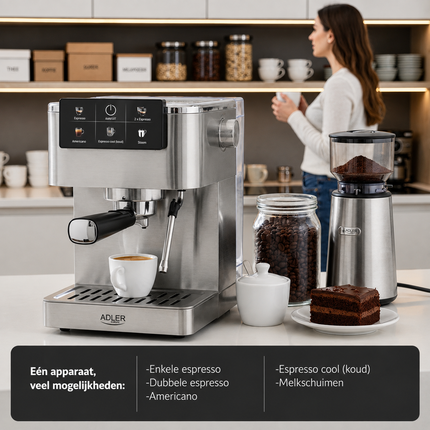 Adler Espressomachine 20 Bar 1350W – Pistonmachine met Melkopschuimer – Thermoblock – RVS