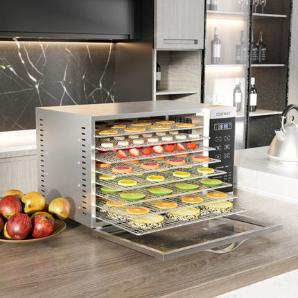 Costway Voedseldroger Met 8 Rekken Temperatuurregeling, Timer, Oververhittingsbeveiliging - Droogoven - Dehydrator - RVS 8 Laags Zilver