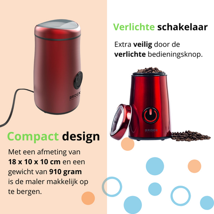Brock Elektrische Koffiemolen Rood - Koffiebonen Maler - Voor Kruiden, Noten & Specerijen - Snel & Stil - BPA-vrij - RVS Mes