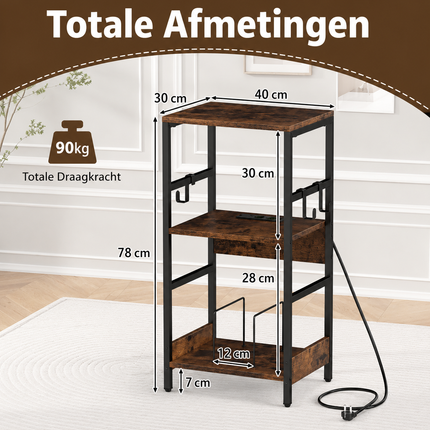 Platenspeler Meubel met 2 Geïntegreerde stopcontacten en USB – Vinyl Opbergkast – LP Kast met 3 Haken – Industrieel Bruin/Zwart