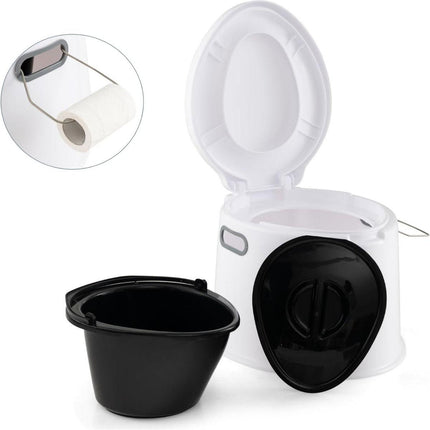 Trendmix Draagbaar Camping Toilet 5L - Lichtgewicht Buiten Toilet met Uitneembare Binnenemmer - Houder voor Toiletpapier Chemisch Toilet Wit/Grijs