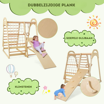 Trendmix 6-In-1 Houten Klimrek Speeltoestel - Indoor Kinder Speeltoestel met Glijbaan en Tent - 115 cm x 108 cm x 127 cm