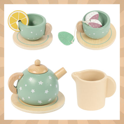 Kruzzel Houten Theeset – Kinderkeukenset met Dienblad, Theepot, Kopjes & Accessoires – Veilig Hout – 15-delige Speelset – Perfect Cadeau
