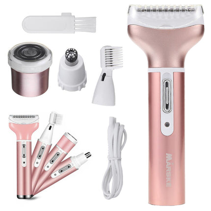Marske 4 In 1 Oplaadbare Ladyshave- Wenkbrauw Trimmer - Neus- En Oor Trimmer - Gezichtshaar Verwijderaar - Lichtroze
