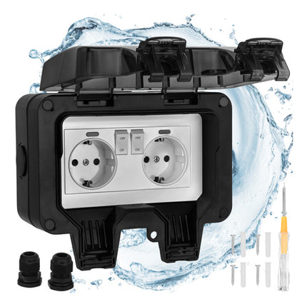 Dubbel Buitenstopcontact IP66 – Waterdicht 230V 16A – Opbouw Wandcontactdoos met Klep – Buitenstopcontact Zwart - Voordeelstore.nl