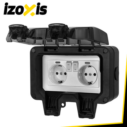 Dubbel Buitenstopcontact IP66 – Waterdicht 230V 16A – Opbouw Wandcontactdoos met Klep – Buitenstopcontact Zwart - Voordeelstore.nl