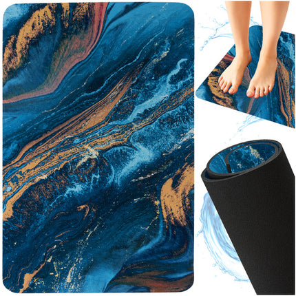 Ruhhy Luxe Badmat 80×50 cm – Marmerdesign Blauw Goud – Sneldrogend & Absorberend – Antislip Douchemat – Zachte Comfortmat voor Badkamer