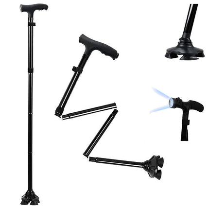 Opvouwbare wandelstok met LED verlichting in handvat en stabiele basis zwart