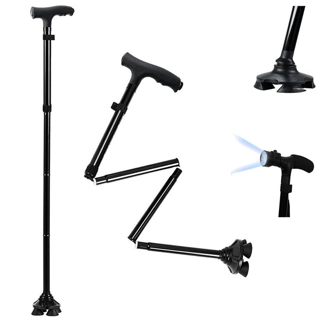 2de kansje Opvouwbare wandelstok met LED verlichting in handvat en stabiele basis zwart