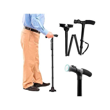 Opvouwbare wandelstok met LED verlichting in handvat en stabiele basis zwart