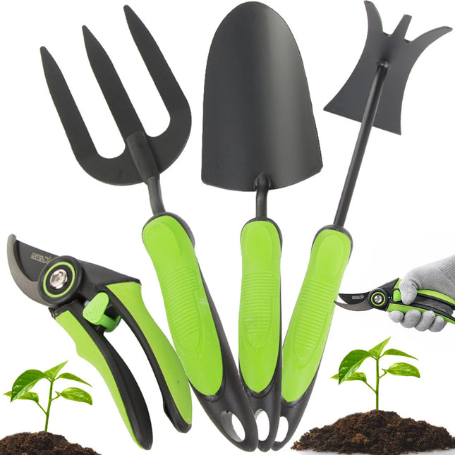Tuingereedschapset 4-delig – Snoeischaar, Troffel, Handvork en Cultivator – Tuingereedschap – Ergonomisch – Zwart/Groen