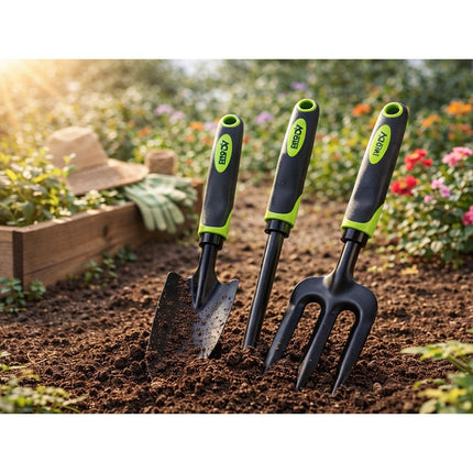 Tuingereedschapset 3-delig met Tas – Tuinset met Troffel, Hark en Handvork – Tuingereedschap – Ergonomisch – Zwart/Groen