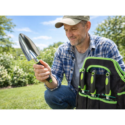 Tuingereedschapset 4-delig met Tas – Tuinset met Grote Troffel, Plantschep, Handvork en Onkruidsteker – Ergonomisch – Zwart/Groen