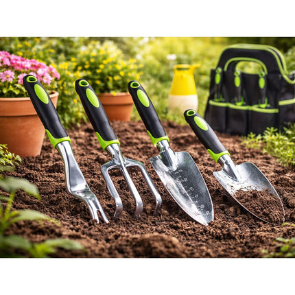 Tuingereedschapset 4-delig met Tas – Tuinset met Grote Troffel, Plantschep, Handvork en Onkruidsteker – Ergonomisch – Zwart/Groen