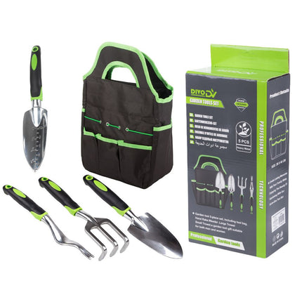 Tuingereedschapset 4-delig met Tas – Tuinset met Grote Troffel, Plantschep, Handvork en Onkruidsteker – Ergonomisch – Zwart/Groen