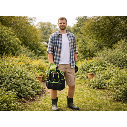 Tuingereedschapset 4-delig met Tas – Tuinset met Grote Troffel, Plantschep, Handvork en Onkruidsteker – Ergonomisch – Zwart/Groen