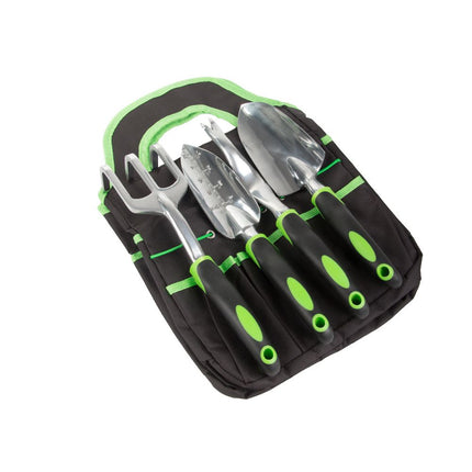 Tuingereedschapset 4-delig met Tas – Tuinset met Grote Troffel, Plantschep, Handvork en Onkruidsteker – Ergonomisch – Zwart/Groen