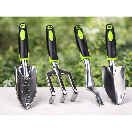 Tuingereedschapset 4-delig met Tas – Tuinset met Grote Troffel, Plantschep, Handvork en Onkruidsteker – Ergonomisch – Zwart/Groen