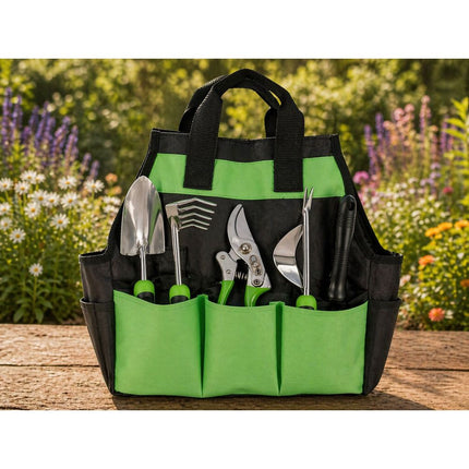 Tuingereedschapset 4-delig met Tas – Snoeischaar, Troffel, Handhark en Onkruidsteker – Tuingereedschap – Ergonomisch – Zwart/Groen