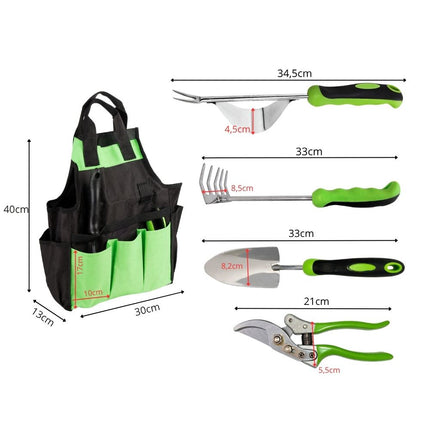 Tuingereedschapset 4-delig met Tas – Snoeischaar, Troffel, Handhark en Onkruidsteker – Tuingereedschap – Ergonomisch – Zwart/Groen