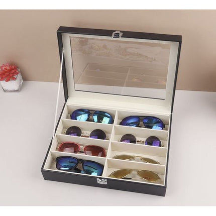 Brillenorganizer 8 Vakken – Brillendoos Met Glasdeksel – Opbergdoos Voor Zonnebrillen en Brillen – Zwart