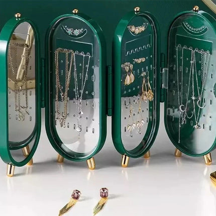 Sieraden Organizer met Spiegel – Opvouwbare Sieradendoos met 4 Panelen – Sieradenhouder – Groen