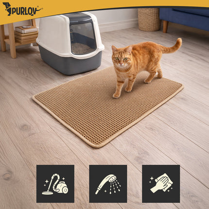 Kattenbakmat XXL 75 x 55 cm – Dubbele Laag Honingraat – Kattenbak Uitloopmat – Waterdicht – Antislip – Beige