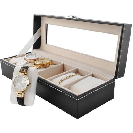 Horlogedoos - Luxe zwarte horloge box - Geschikt voor Horloges en Sieraden - 6 Compartimenten met 6 Kussentjes - Acrylglas