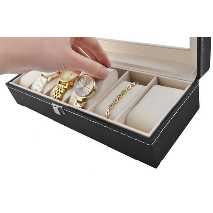 Horlogedoos - Luxe zwarte horloge box - Geschikt voor Horloges en Sieraden - 6 Compartimenten met 6 Kussentjes - Acrylglas