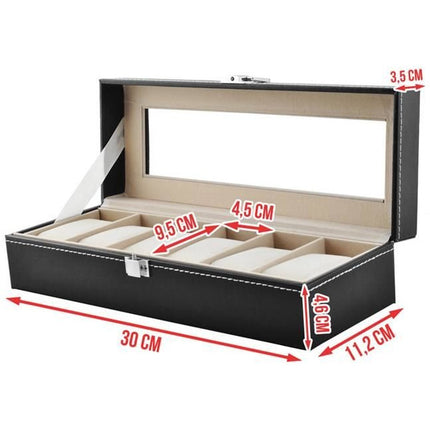 Horlogedoos - Luxe zwarte horloge box - Geschikt voor Horloges en Sieraden - 6 Compartimenten met 6 Kussentjes - Acrylglas