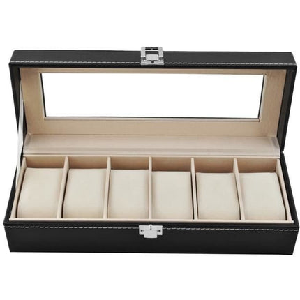 Horlogedoos - Luxe zwarte horloge box - Geschikt voor Horloges en Sieraden - 6 Compartimenten met 6 Kussentjes - Acrylglas