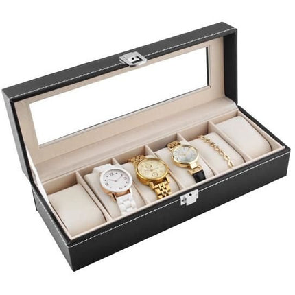 Horlogedoos - Luxe zwarte horloge box - Geschikt voor Horloges en Sieraden - 6 Compartimenten met 6 Kussentjes - Acrylglas