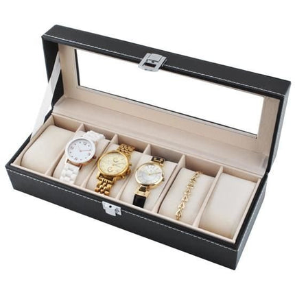 Horlogedoos - Luxe zwarte horloge box - Geschikt voor Horloges en Sieraden - 6 Compartimenten met 6 Kussentjes - Acrylglas