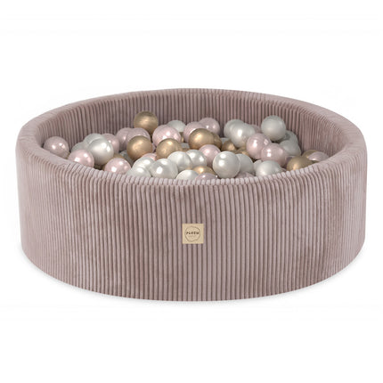 Plushnest Luxe Ronde Ballenbak voor Kinderen en Baby's - Ballenbad 90x30cm Beige Corduroy - 200 Kleurrijke Ballen 6cm Parelmoer, Lichtroze, Goud