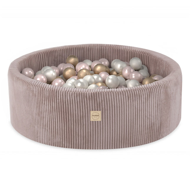 Plushnest Luxe Ronde Ballenbak voor Kinderen en Baby's - Ballenbad 90x30cm Beige Corduroy - 200 Kleurrijke Ballen 6cm Parelmoer, Lichtroze, Goud