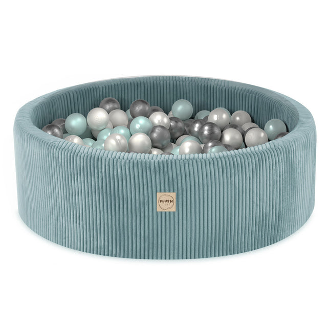 Plushnest Luxe Ronde Ballenbak voor Kinderen en Baby's - Ballenbad 90x30cm Blauw Corduroy - 200 Kleurrijke Ballen 6cm Parelmoer, Mint, Goud