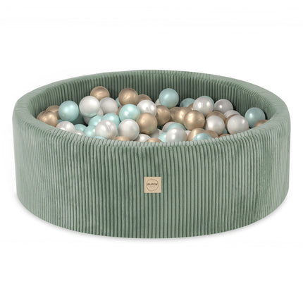 Plushnest Luxe Ronde Ballenbak voor Kinderen en Baby's - Ballenbad 90x30cm Groen Corduroy - 200 Kleurrijke Ballen 6cm Parelmoer, Mint, Goud
