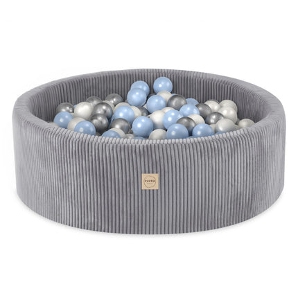Plushnest Luxe Ronde Ballenbak voor Kinderen en Baby's - Ballenbad 90x30 Lichtgrijs Corduroy - 200 Kleurrijke Ballen 6cm Parelmoer Lichtblauw Zilver