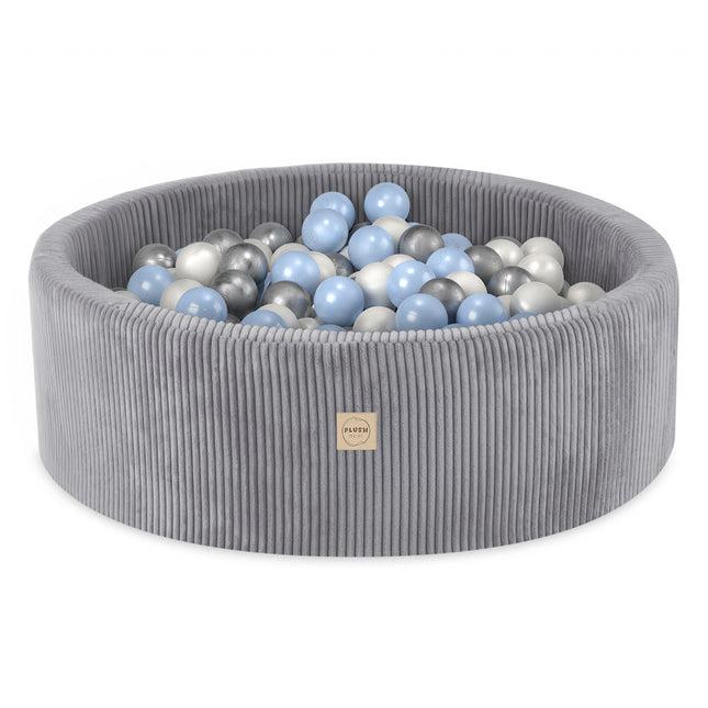 Plushnest Luxe Ronde Ballenbak voor Kinderen en Baby's - Ballenbad 90x30 Lichtgrijs Corduroy - 200 Kleurrijke Ballen 6cm Parelmoer Lichtblauw Zilver