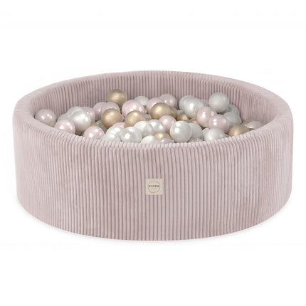 Plushnest Luxe Ronde Ballenbak voor Kinderen en Baby's - Ballenbad 90x30cm Roze Corduroy - 200 Kleurrijke Ballen 6cm Parelmoer, Lichtroze, Goud
