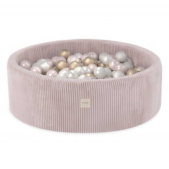 Plushnest Luxe Ronde Ballenbak voor Kinderen en Baby's - Ballenbad 90x30cm Roze Corduroy - 200 Kleurrijke Ballen 6cm Parelmoer, Lichtroze, Goud