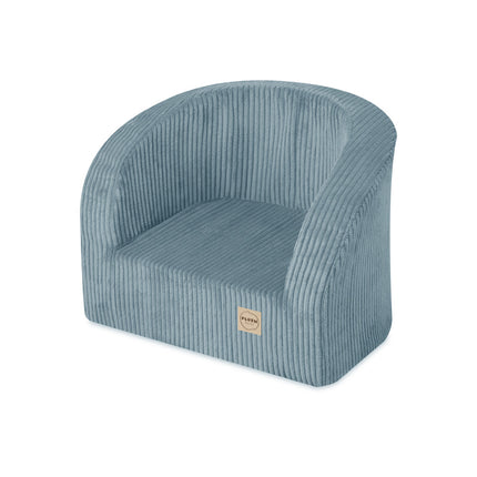 Kinderfauteuil blauw corduroy – zijaanzicht met afgeronde rug en zitvlak