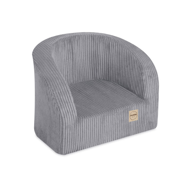 Grijze corduroy kinderfauteuil van Plush Nest – zijaanzicht met afgeronde rugleuning
