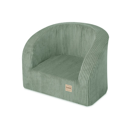 Kinderfauteuil groen corduroy – Plush Nest zijaanzicht met afgeronde rugleuning