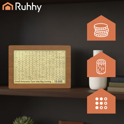Ruhhy Houten Spaarpot 10.000 Challenge – Verwisselbare Kaarten – Motiverende Spaardoel Box – Natuurlijk Hout