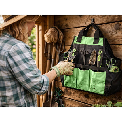 Gereedschapstas Tuin – Tuingereedschap Tas – Gereedschap Organizer – Grote Opbergtas voor Tuingereedschap, Werkplaats, Garage en Klussen – Zwart/Groen