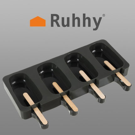 Ruhhy Siliconen IJsjesvorm – 4 IJsjes van 80 ml – Inclusief 50 Houten Stokjes – Flexibel & Herbruikbaar – Zwart