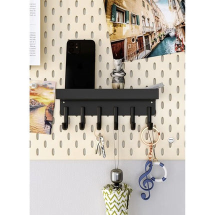 Ruhhy Wandhanger Zwart – Magnetische Sleutelhanger & Wandplank met 6 Haken – IJzer, Loftdesign, Schroef- of Magneetmontage voor Sleutels & Kleding