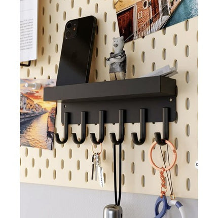 Ruhhy Wandhanger Zwart – Magnetische Sleutelhanger & Wandplank met 6 Haken – IJzer, Loftdesign, Schroef- of Magneetmontage voor Sleutels & Kleding